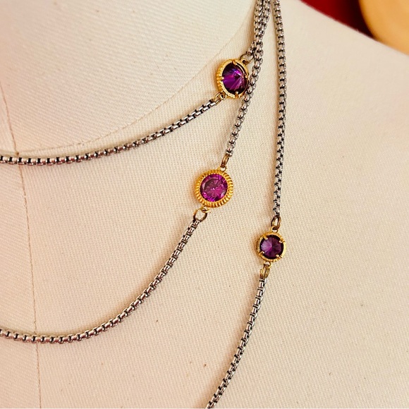 Jewelry - Vintage Bezel-Set Amethyst Crystal X-Long 55" Gold Plated & 926 Silver Necklace